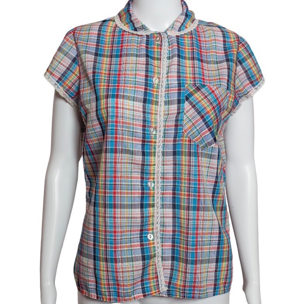 Vintage 70s Rainbow Plaid Button Up Blouse with Lace Trim
